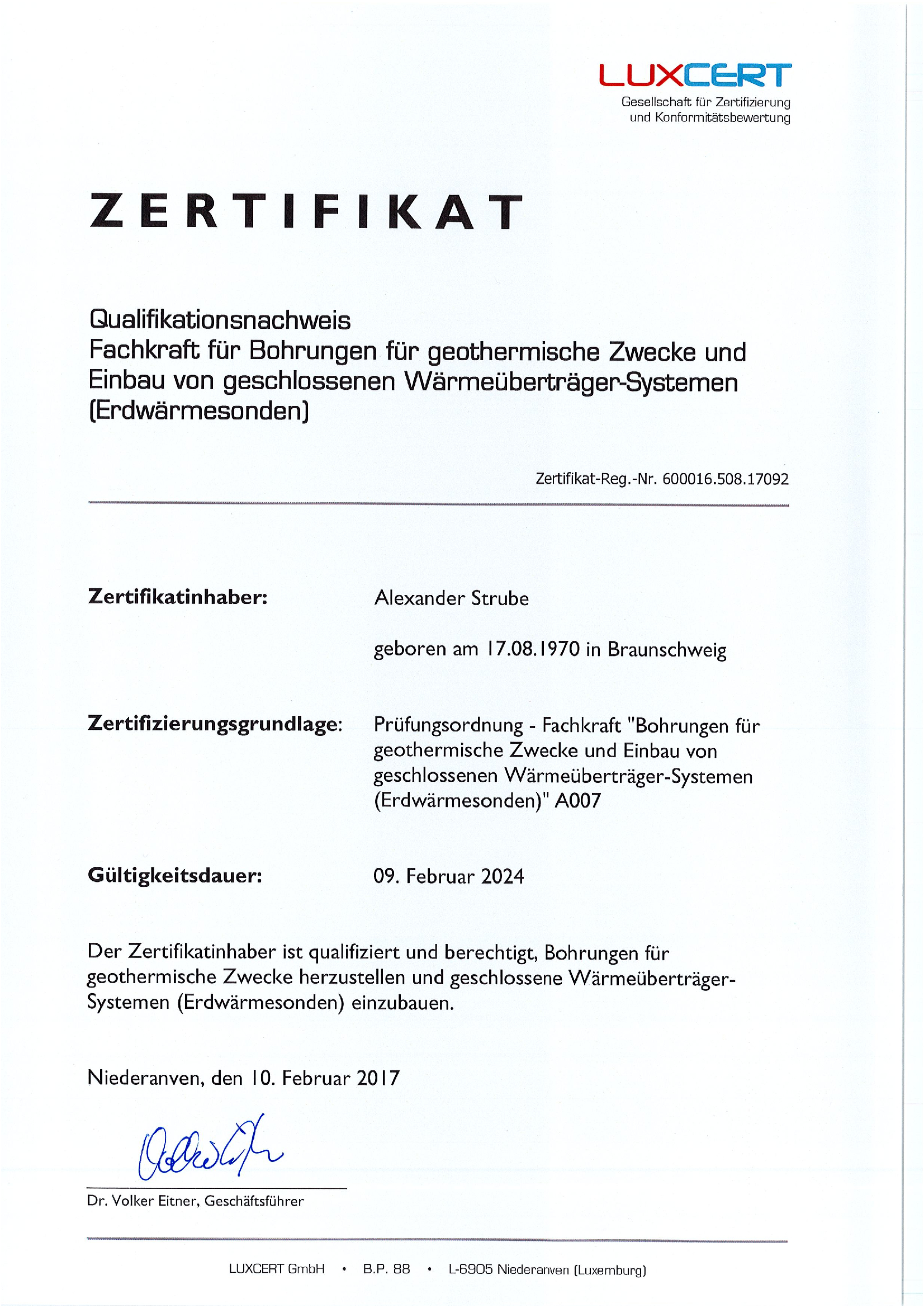 Luxcert Zertifikat Strube